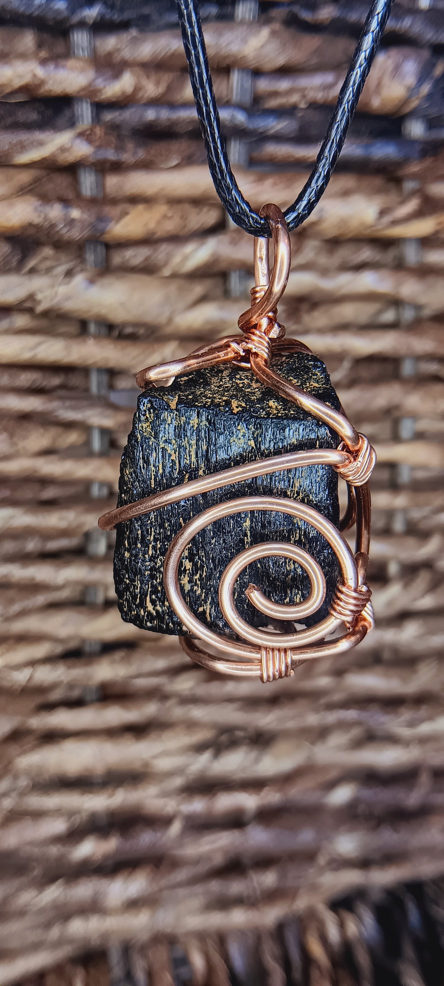 Black Tourmaline Crystal Necklace | Copper Wire Wrapped on Leather Cord | Grounding Protection Jewelry