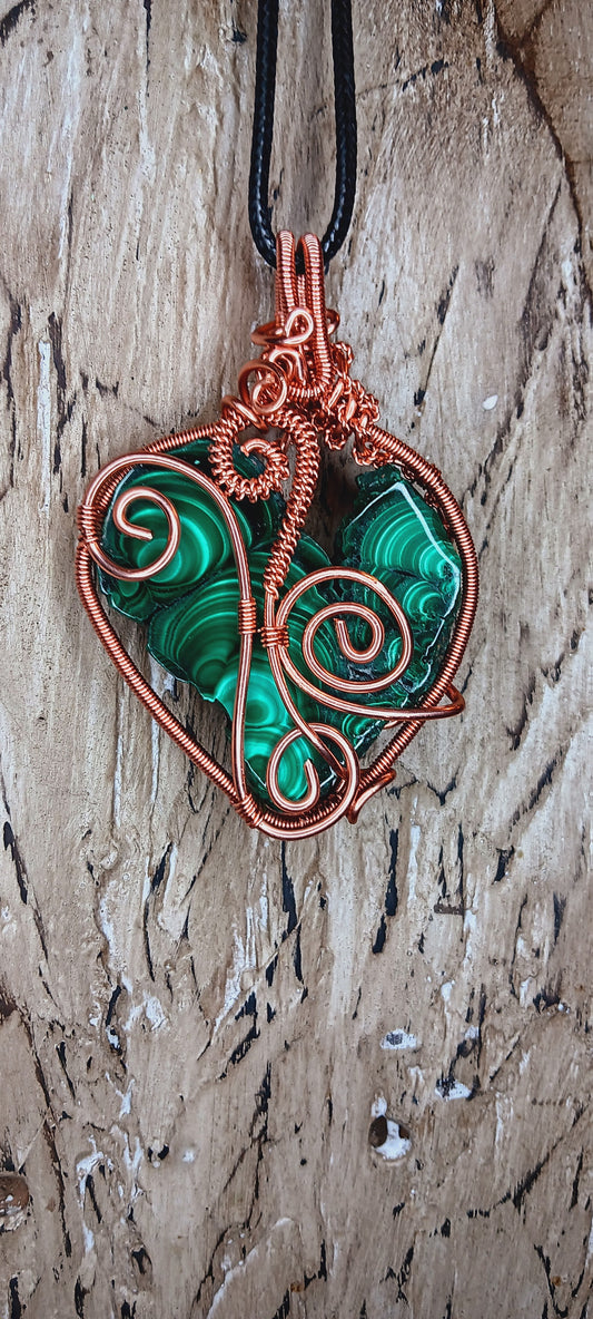 Handmade Malachite Copper Wire Wrapped Heart Pendant – One of One