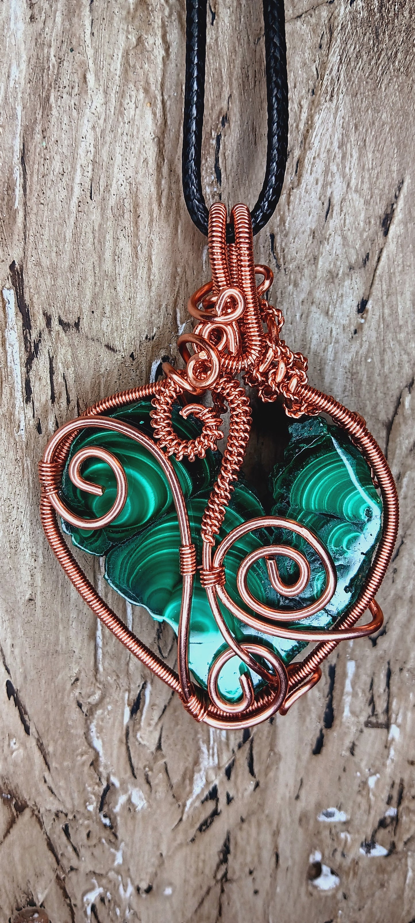 Handmade Malachite Copper Wire Wrapped Heart Pendant – One of One