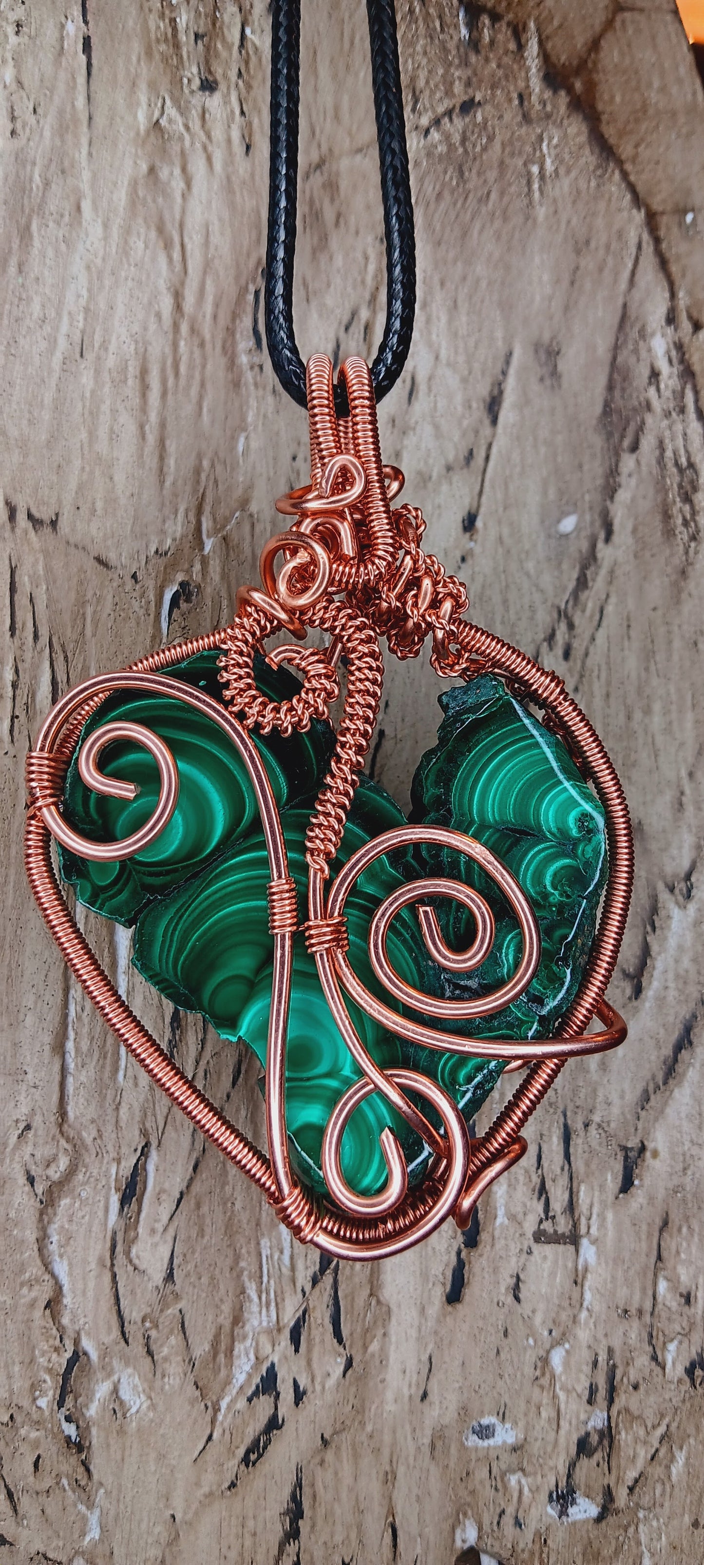 Handmade Malachite Copper Wire Wrapped Heart Pendant – One of One