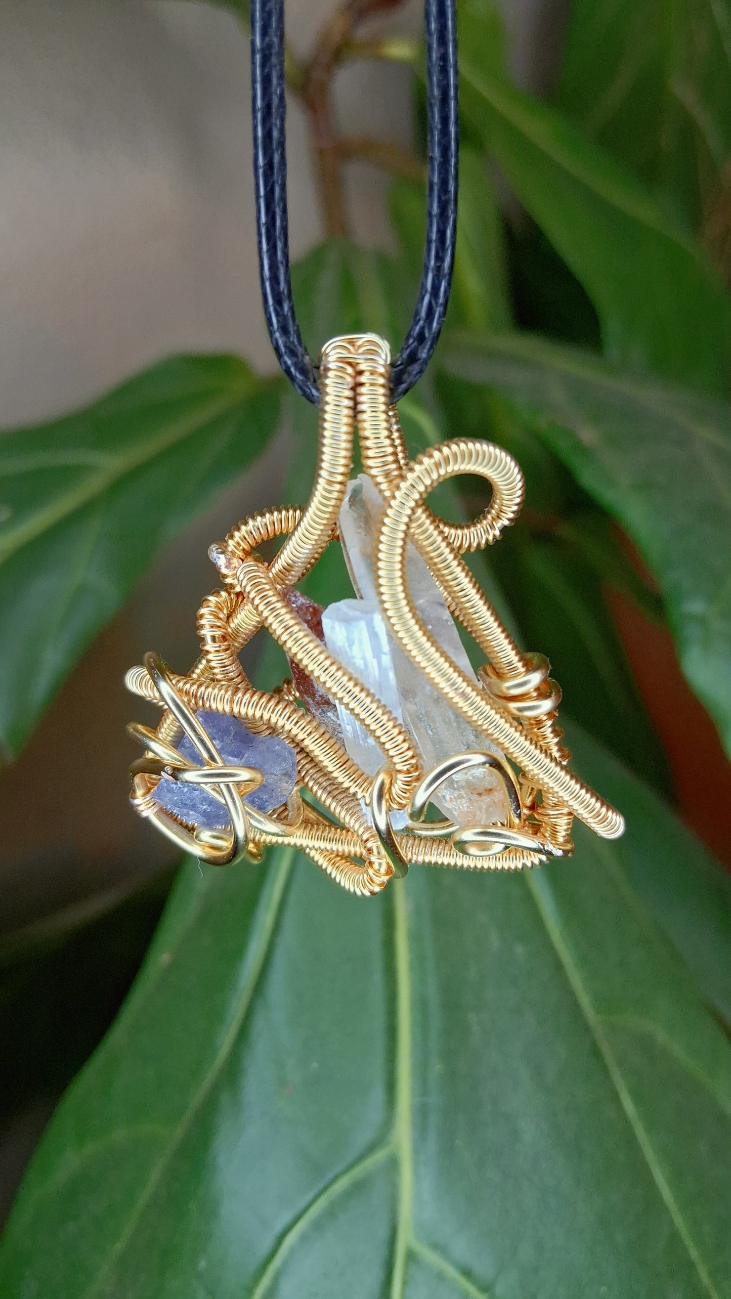 Sacred Element Triangle Pendant- Garnet, Quartz, Selenite,  Tanzanite