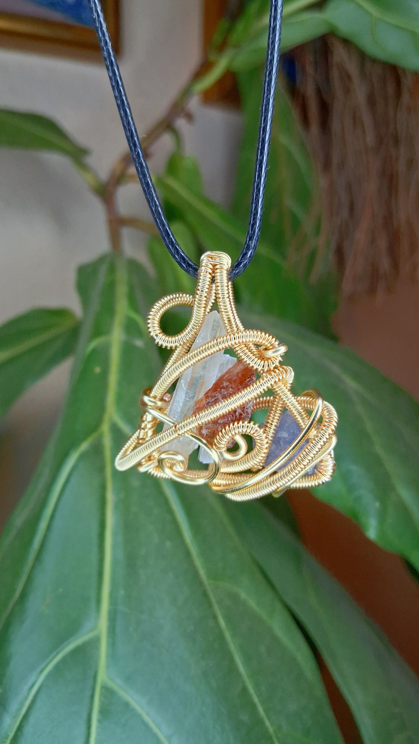 Sacred Element Triangle Pendant- Garnet, Quartz, Selenite,  Tanzanite