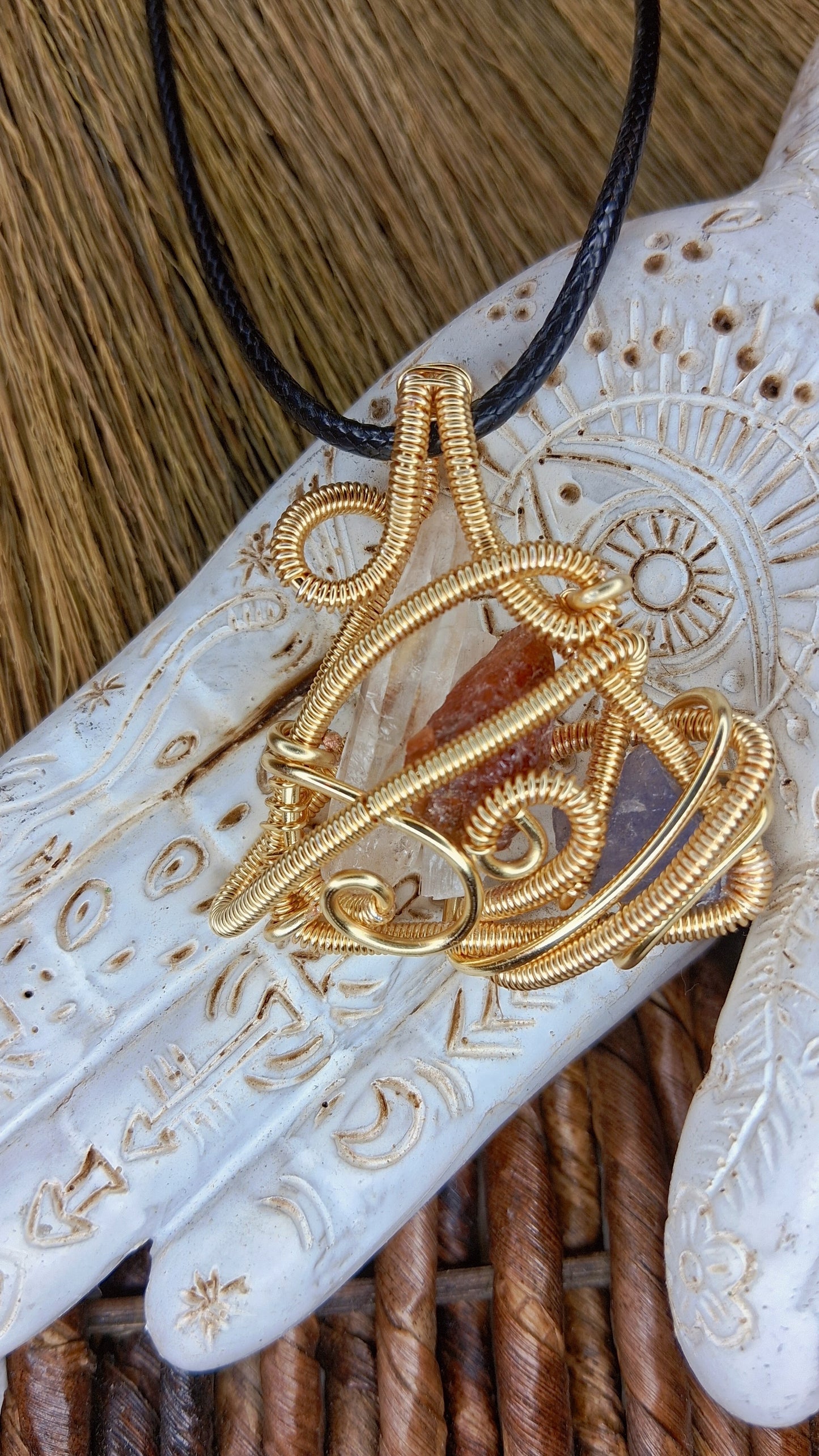 Sacred Element Triangle Pendant- Garnet, Quartz, Selenite,  Tanzanite