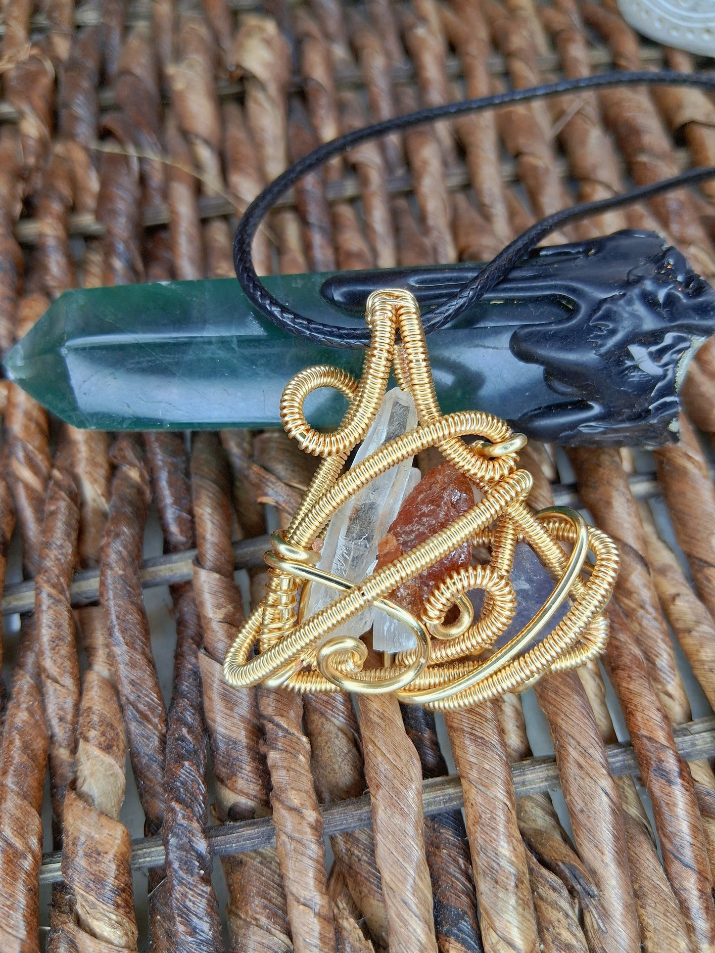 Sacred Element Triangle Pendant- Garnet, Quartz, Selenite,  Tanzanite