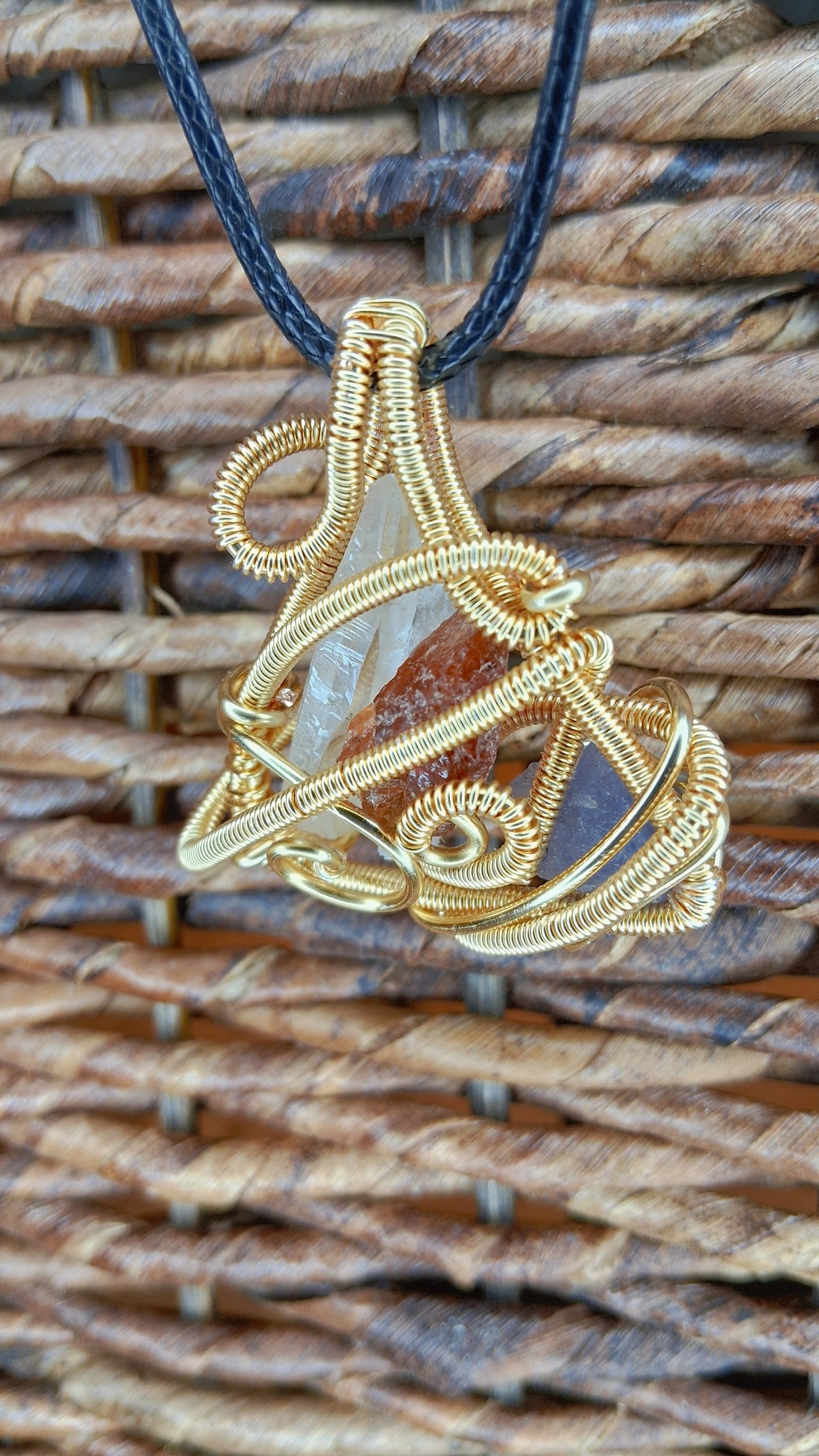 Sacred Element Triangle Pendant- Garnet, Quartz, Selenite,  Tanzanite