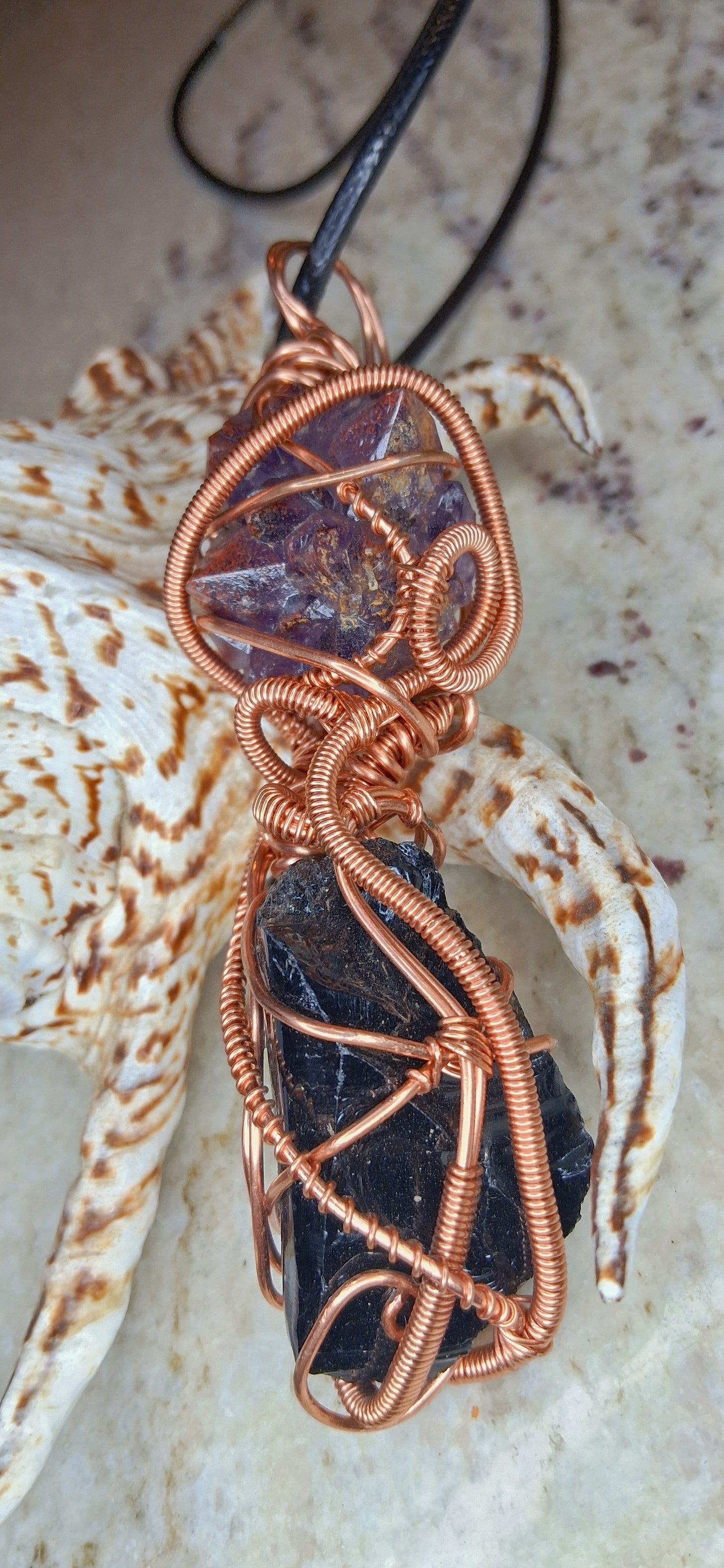 Auralite-23 and Black Obsidian Combination Copper Pendant