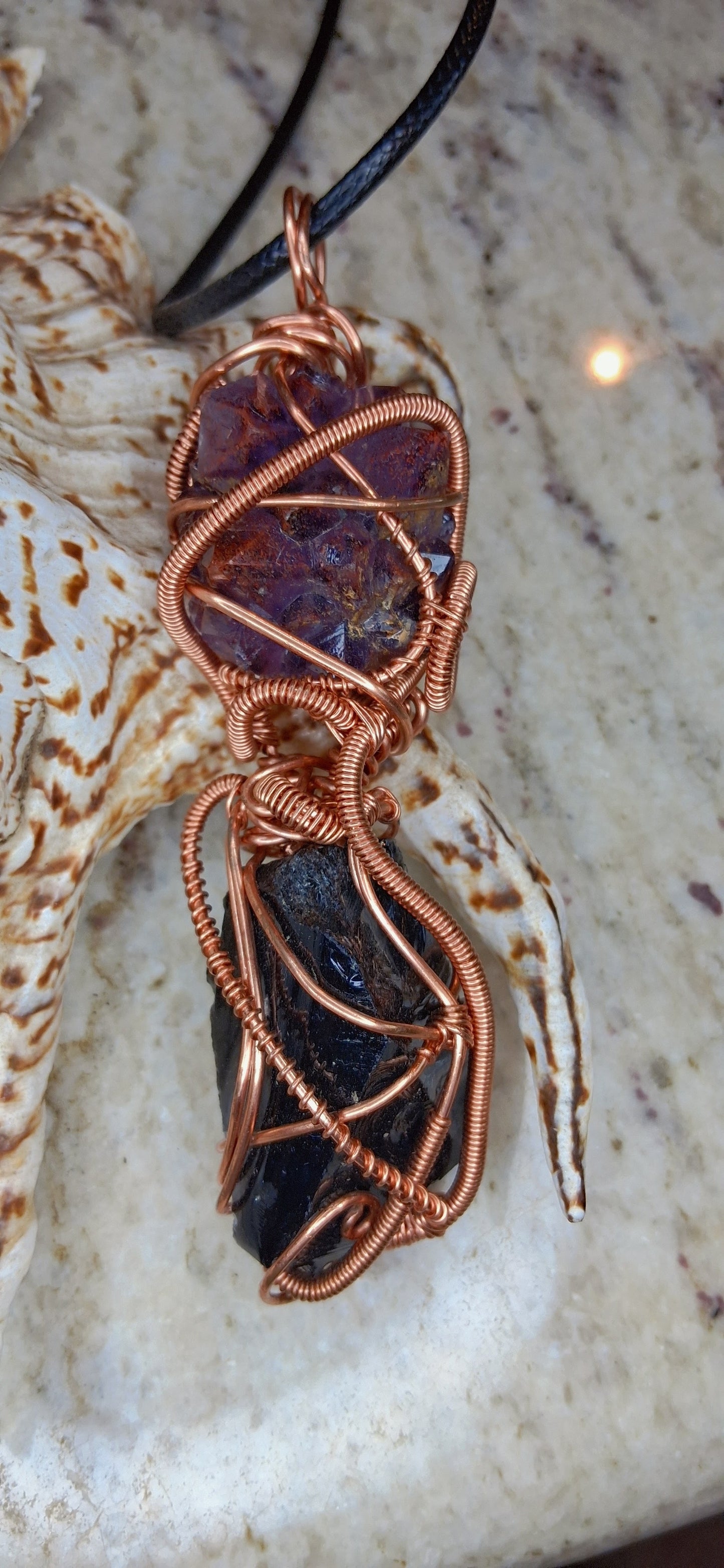Auralite-23 and Black Obsidian Combination Copper Pendant