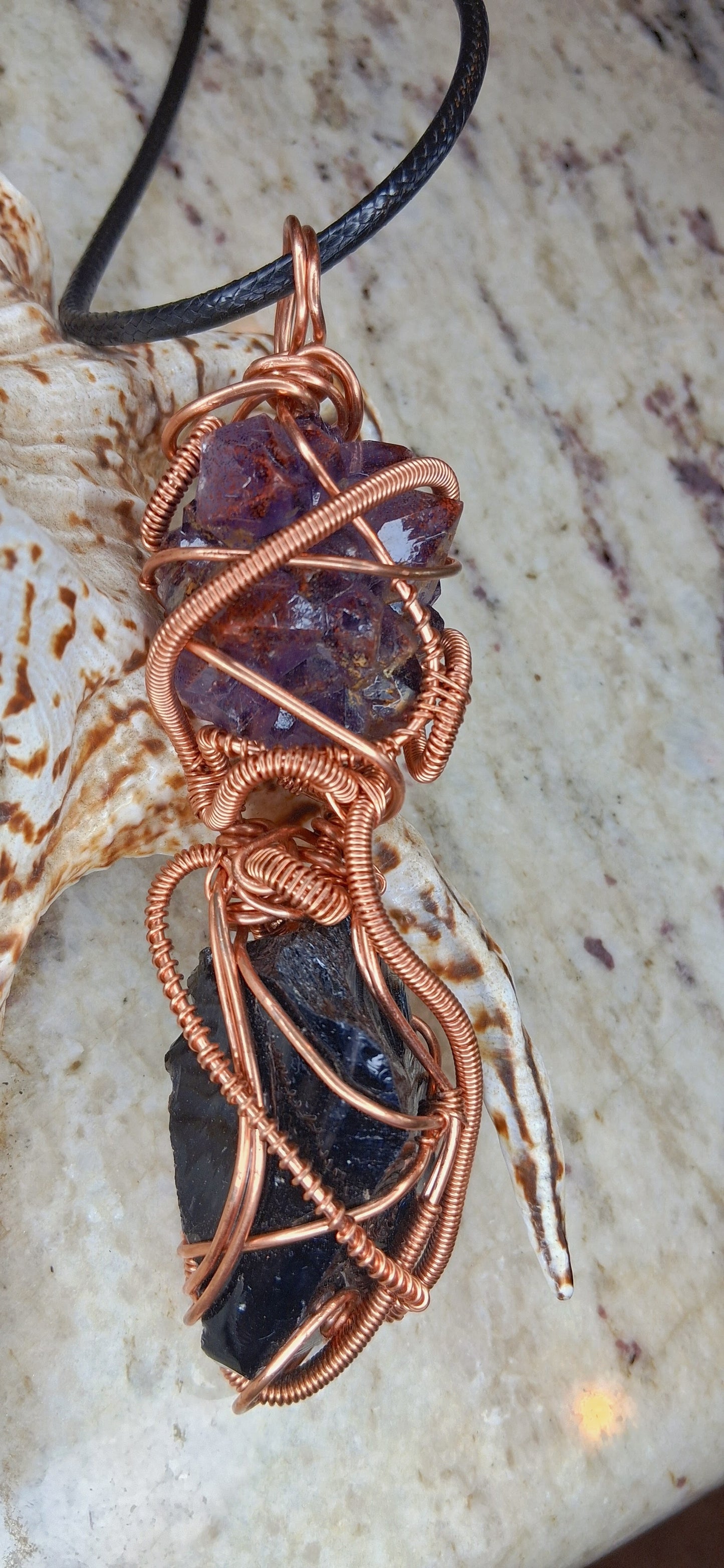 Auralite-23 and Black Obsidian Combination Copper Pendant