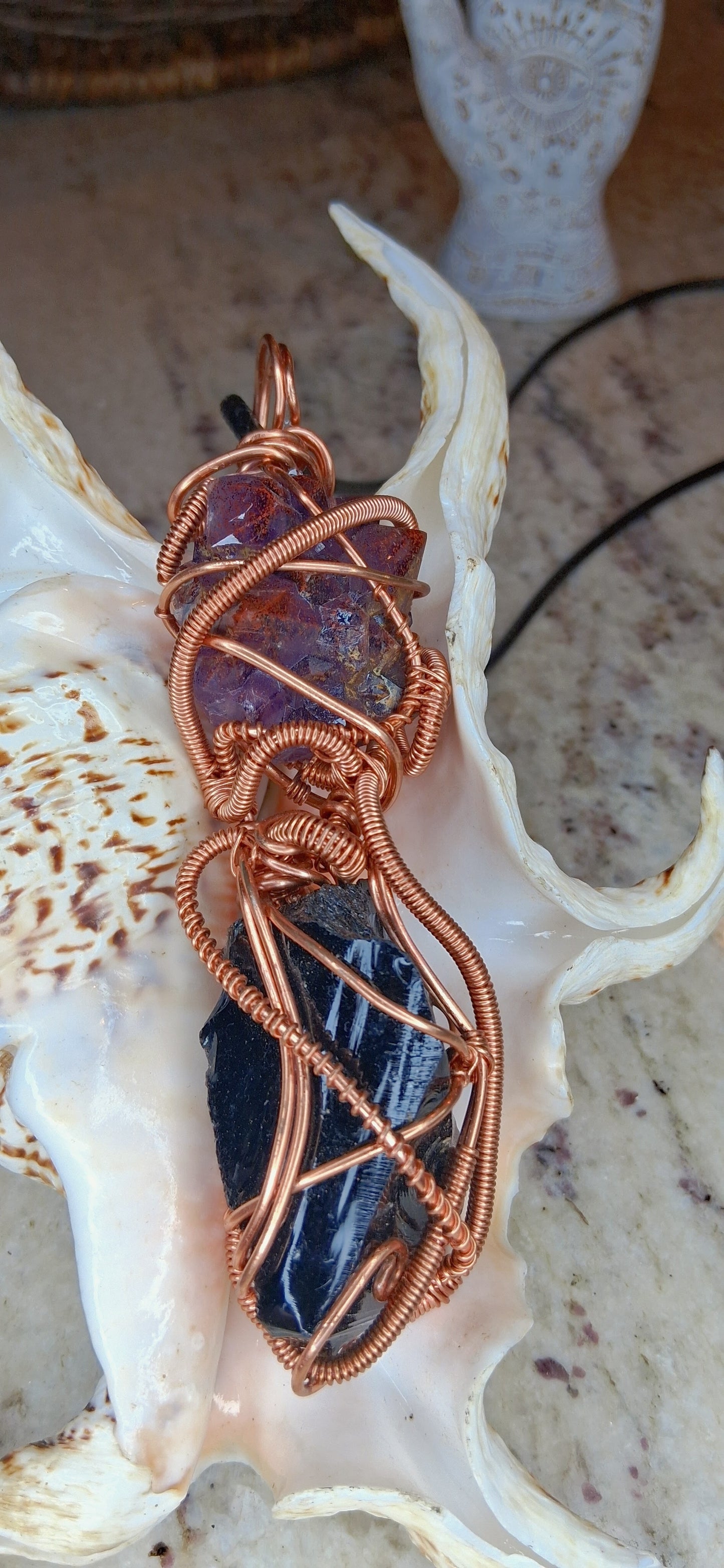Auralite-23 and Black Obsidian Combination Copper Pendant