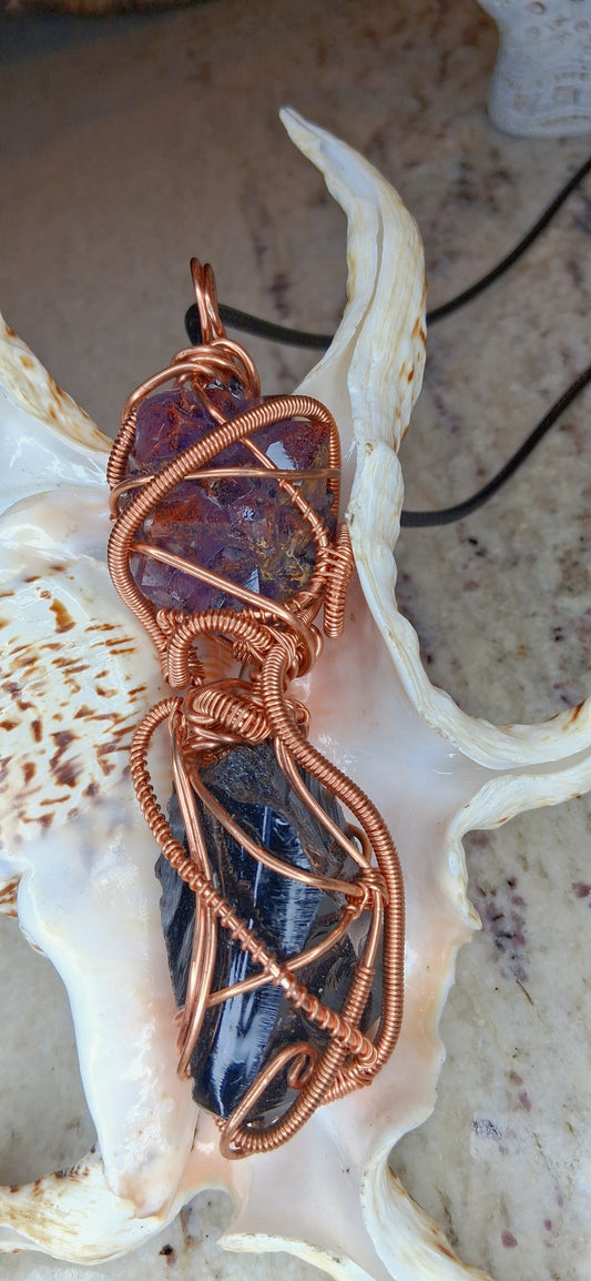 Auralite-23 and Black Obsidian Combination Copper Pendant