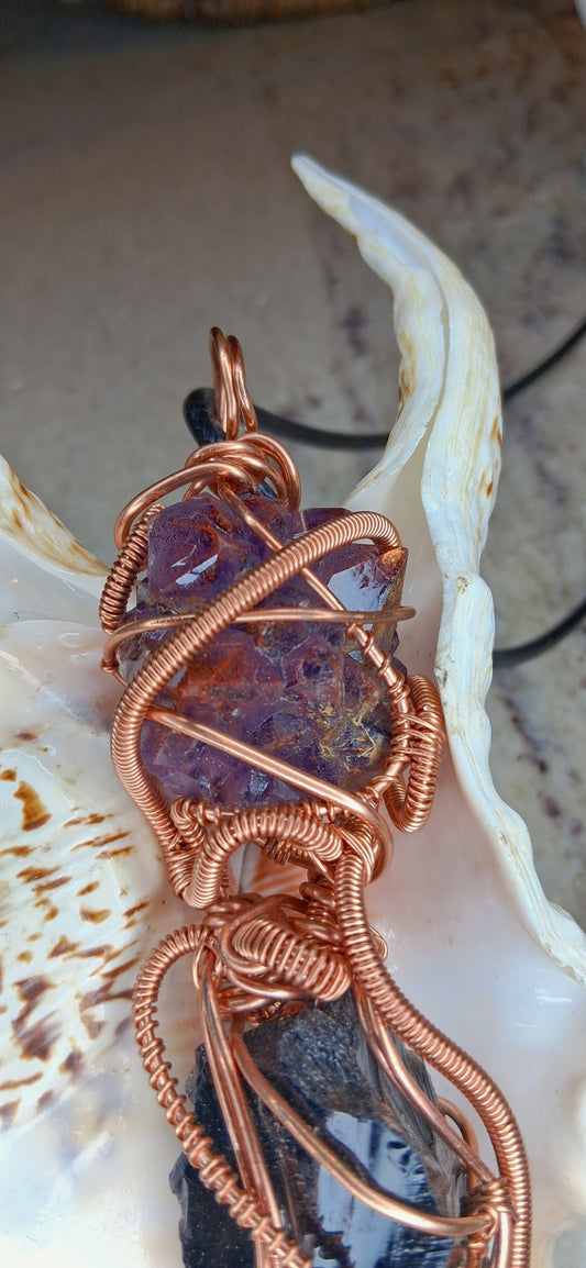 Auralite-23 and Black Obsidian Combination Copper Pendant