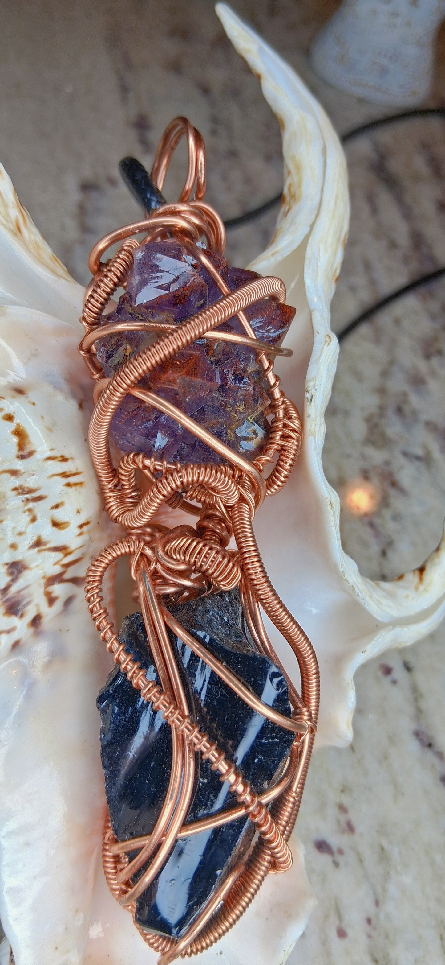 Auralite-23 and Black Obsidian Combination Copper Pendant