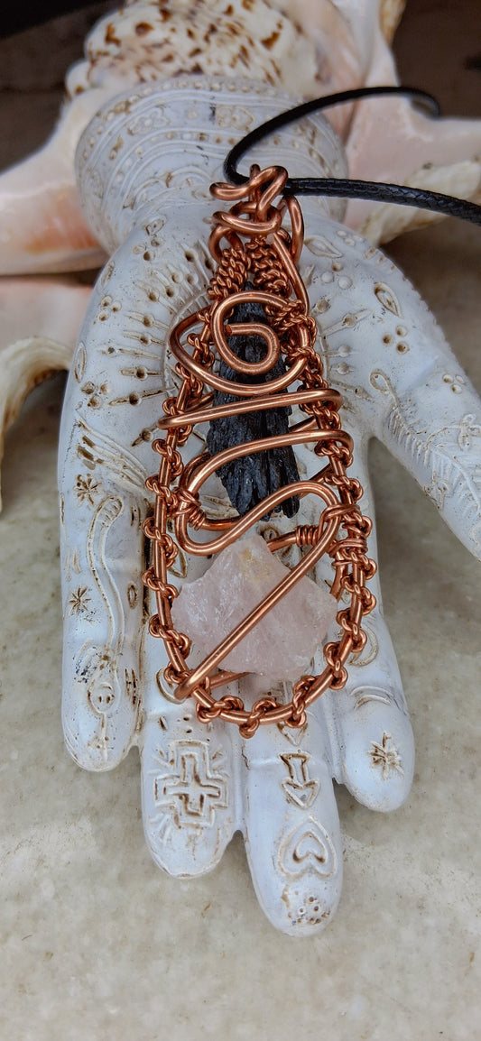 Kyanite & Rose Quartz Copper Wrapped Pendant – Balance & Heart Alignment