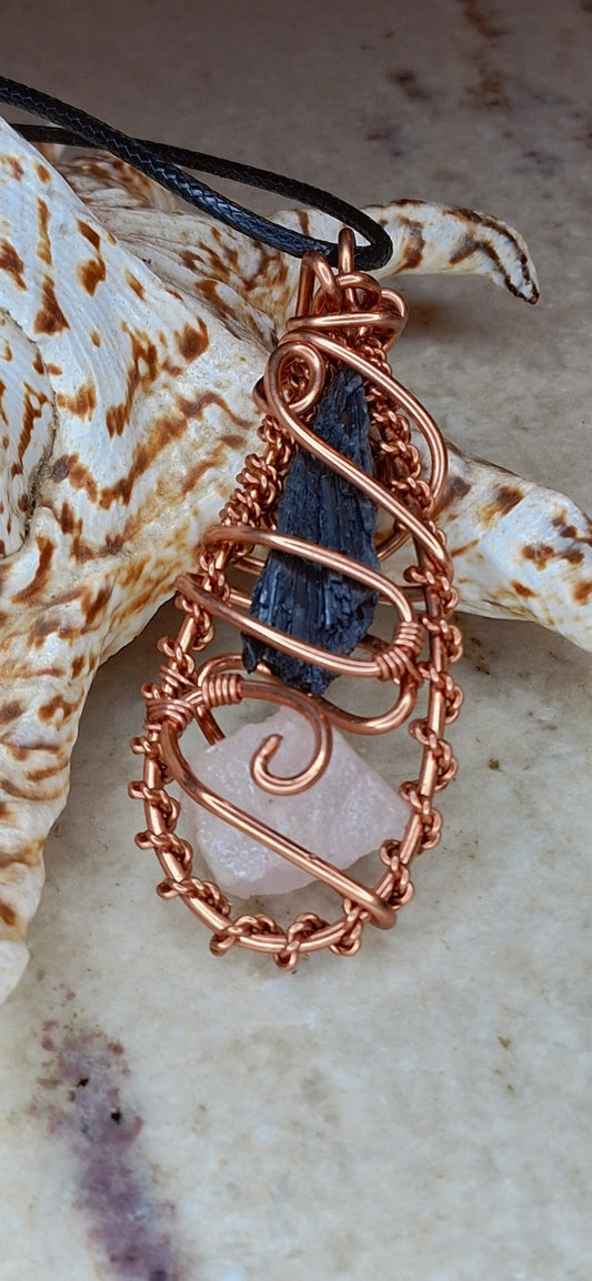 Kyanite & Rose Quartz Copper Wrapped Pendant – Balance & Heart Alignment