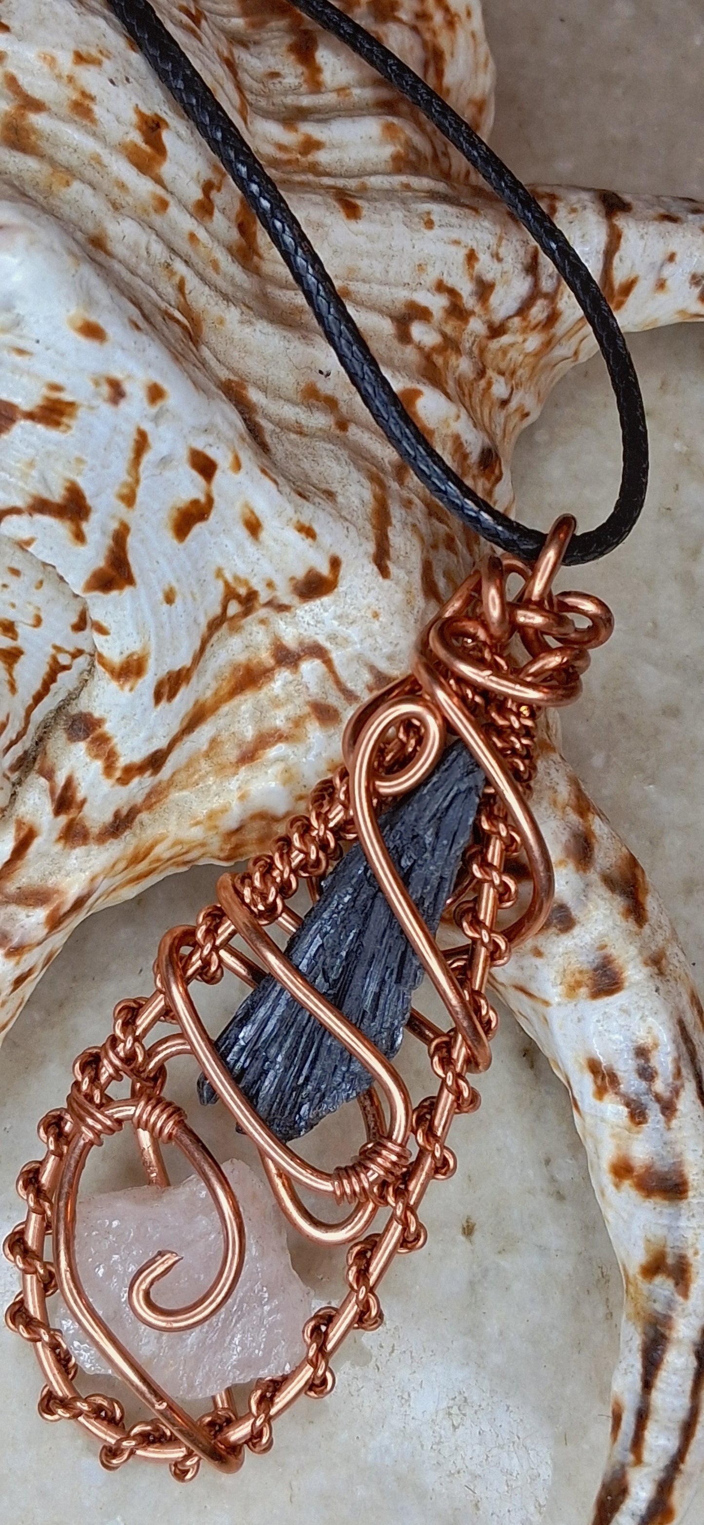 Kyanite & Rose Quartz Copper Wrapped Pendant – Balance & Heart Alignment