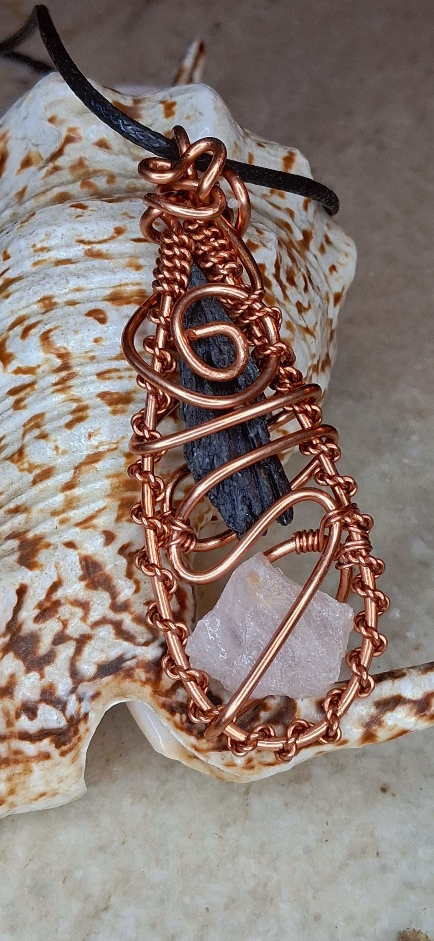 Kyanite & Rose Quartz Copper Wrapped Pendant – Balance & Heart Alignment