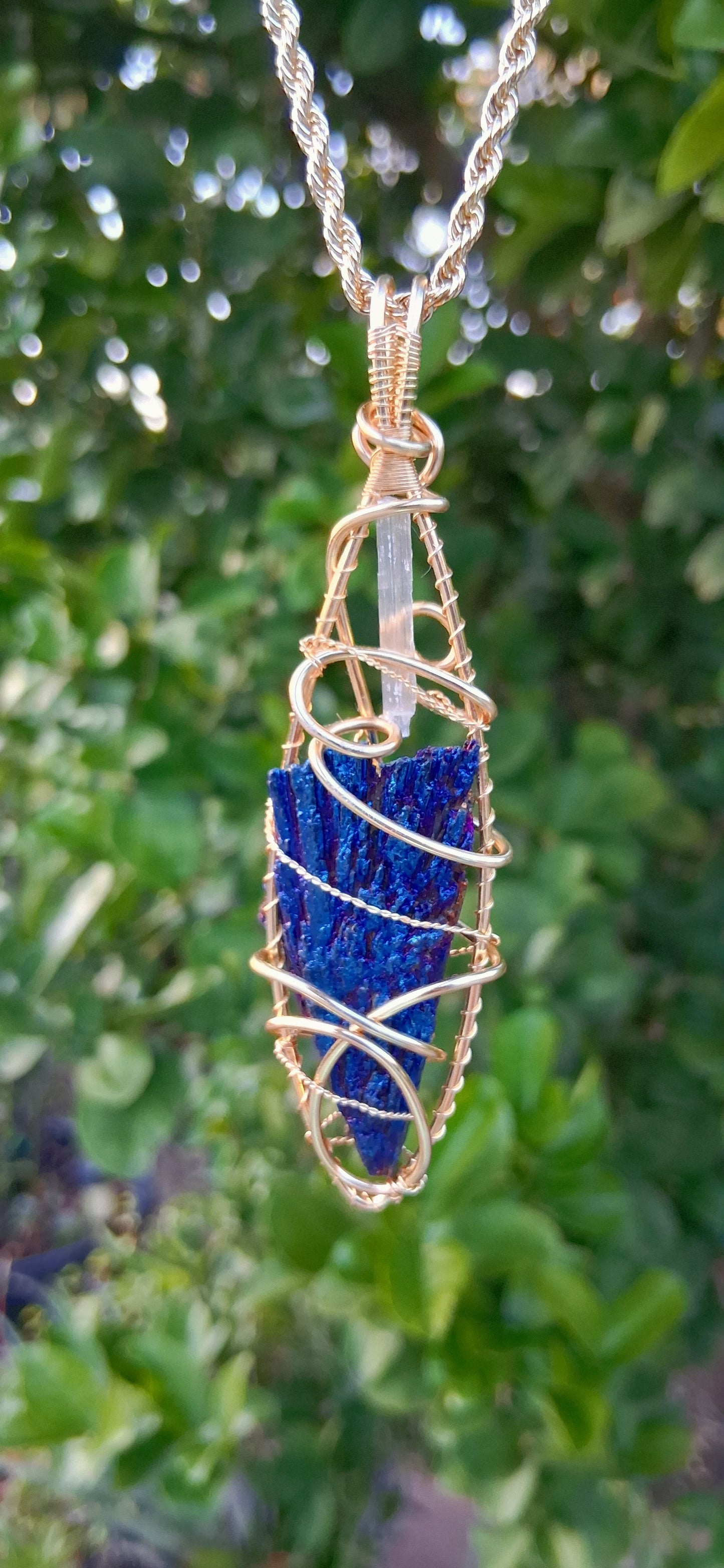 "Stillness"- Selenite and Titanium Black Kyanite Pendant