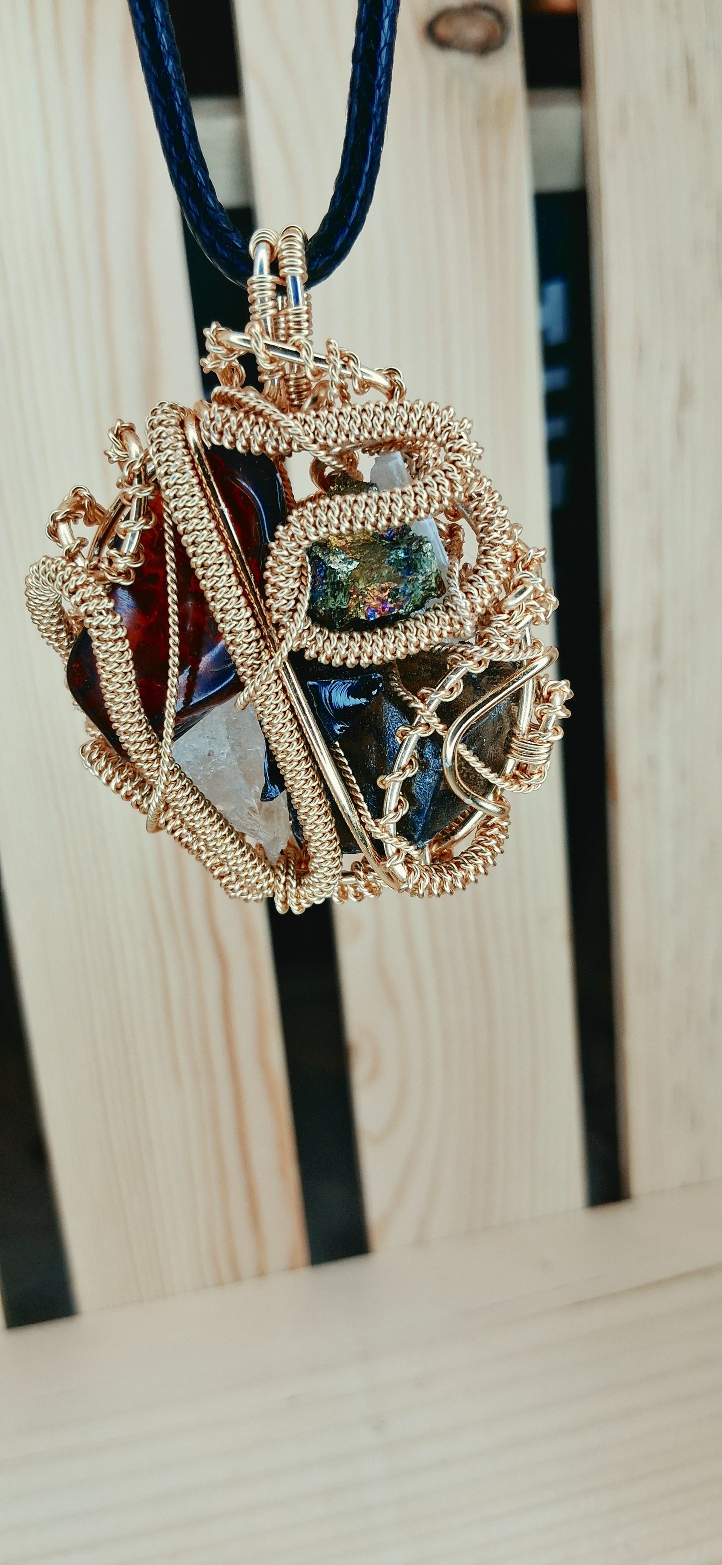 Root & Rise Pendant-Amber, Rainbow Bornite, Smoky Quartz, Obsidian,Clear Quartz, Selenite Crystal Combination