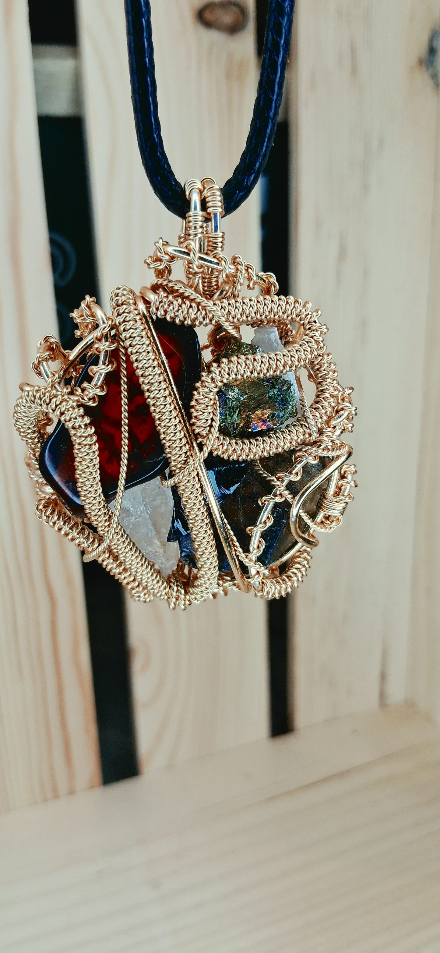 Root & Rise Pendant-Amber, Rainbow Bornite, Smoky Quartz, Obsidian,Clear Quartz, Selenite Crystal Combination