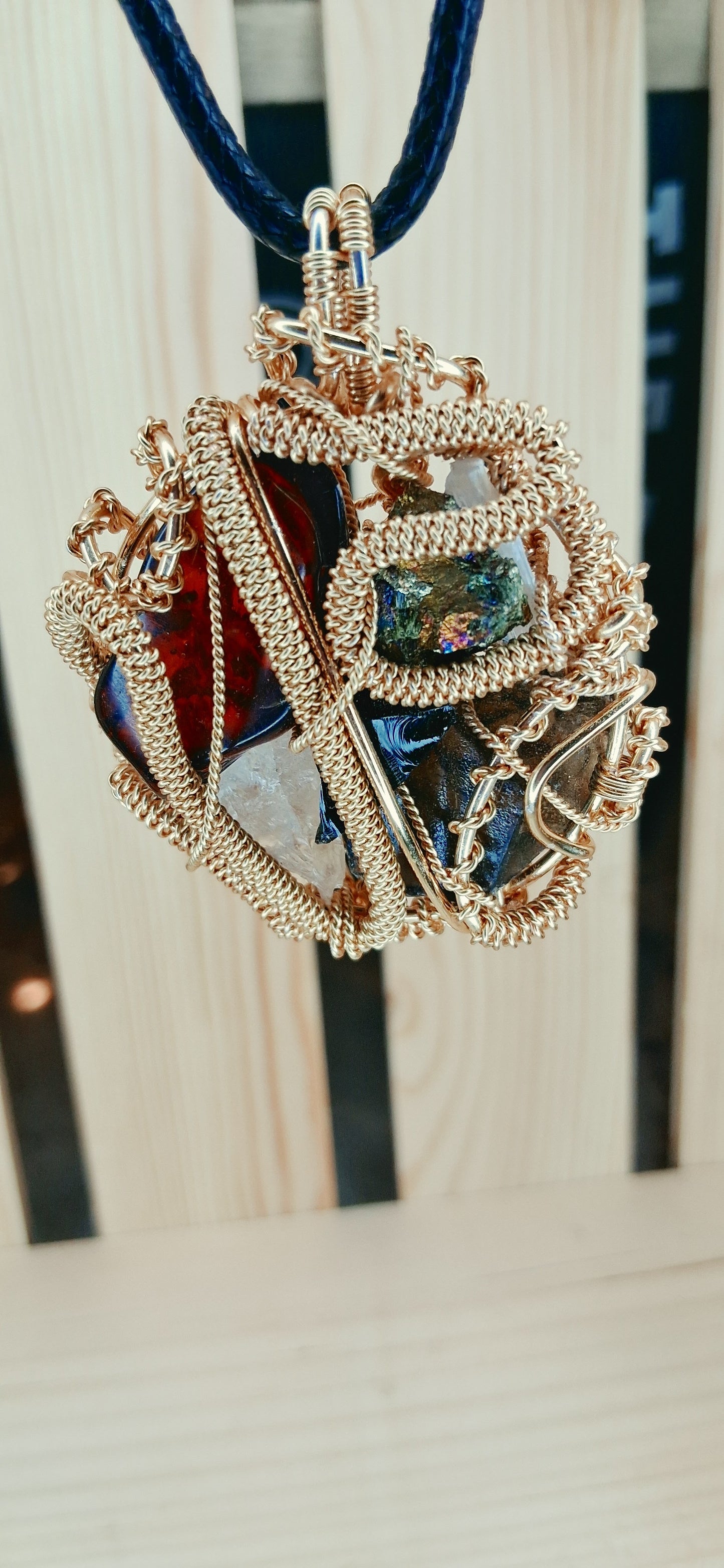 Root & Rise Pendant-Amber, Rainbow Bornite, Smoky Quartz, Obsidian,Clear Quartz, Selenite Crystal Combination