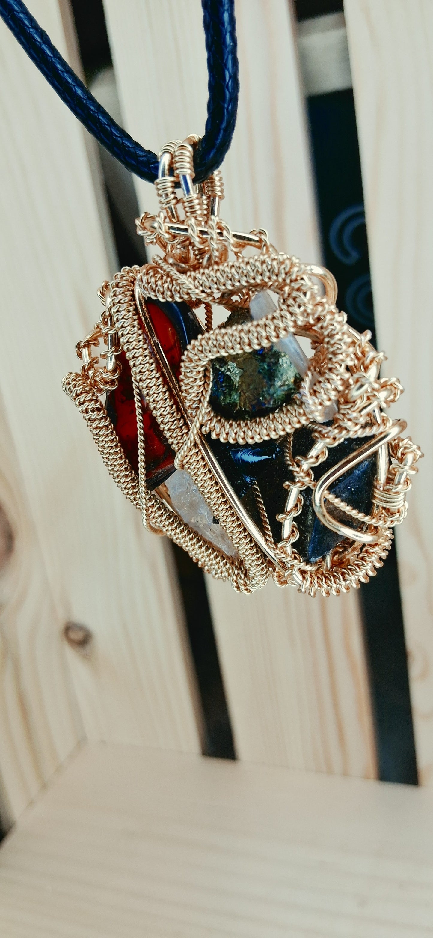 Root & Rise Pendant-Amber, Rainbow Bornite, Smoky Quartz, Obsidian,Clear Quartz, Selenite Crystal Combination