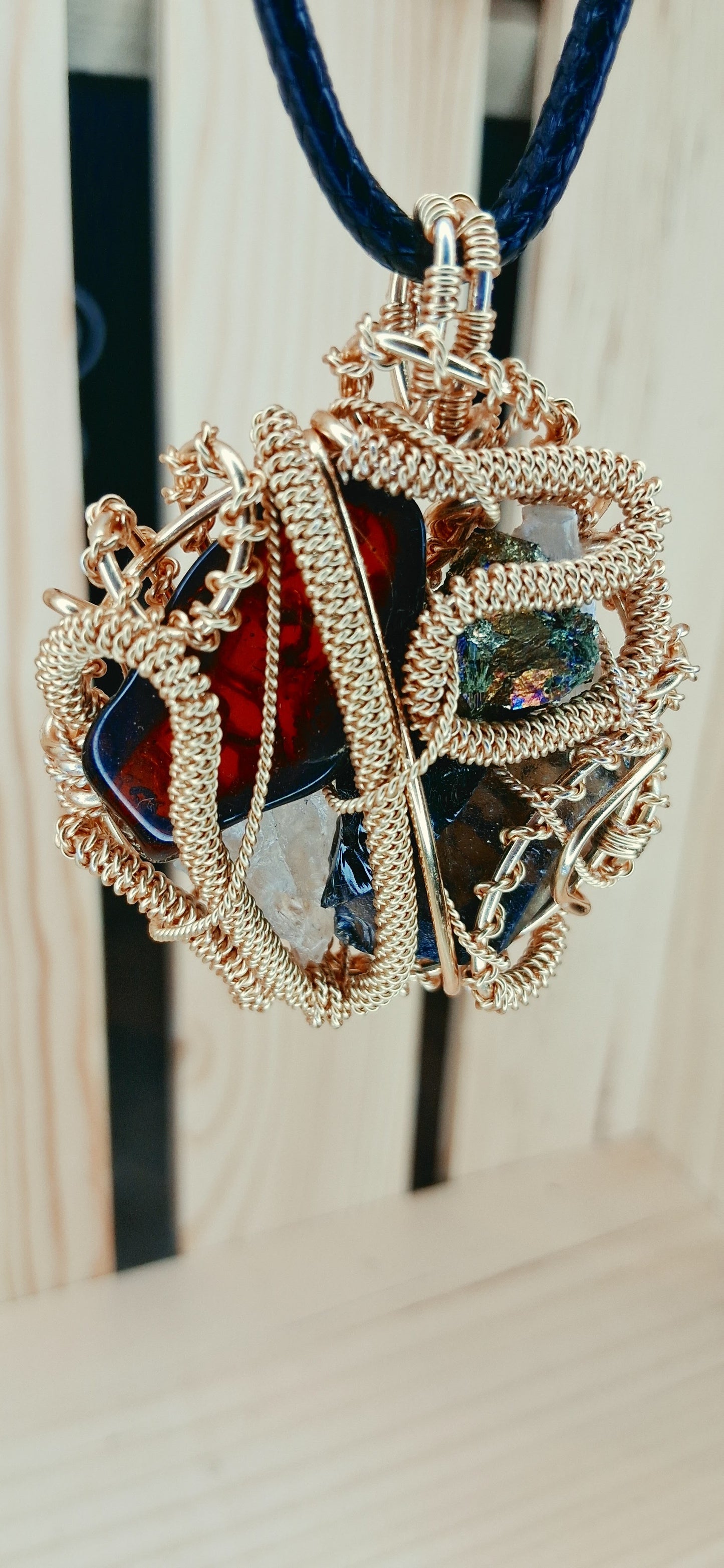 Root & Rise Pendant-Amber, Rainbow Bornite, Smoky Quartz, Obsidian,Clear Quartz, Selenite Crystal Combination