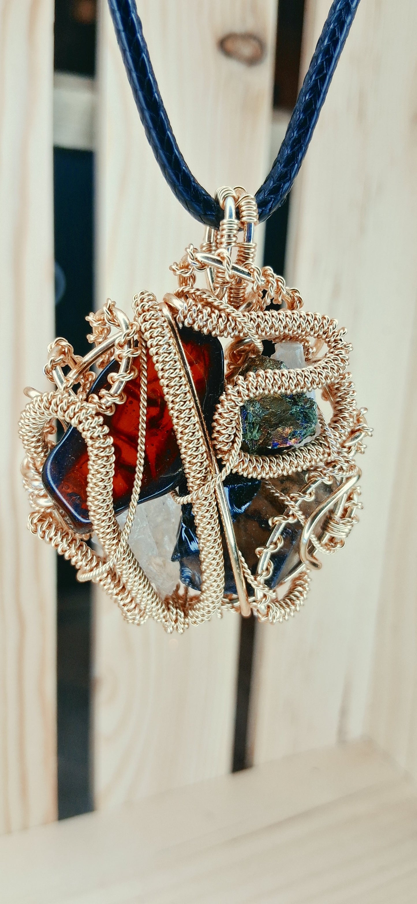 Root & Rise Pendant-Amber, Rainbow Bornite, Smoky Quartz, Obsidian,Clear Quartz, Selenite Crystal Combination