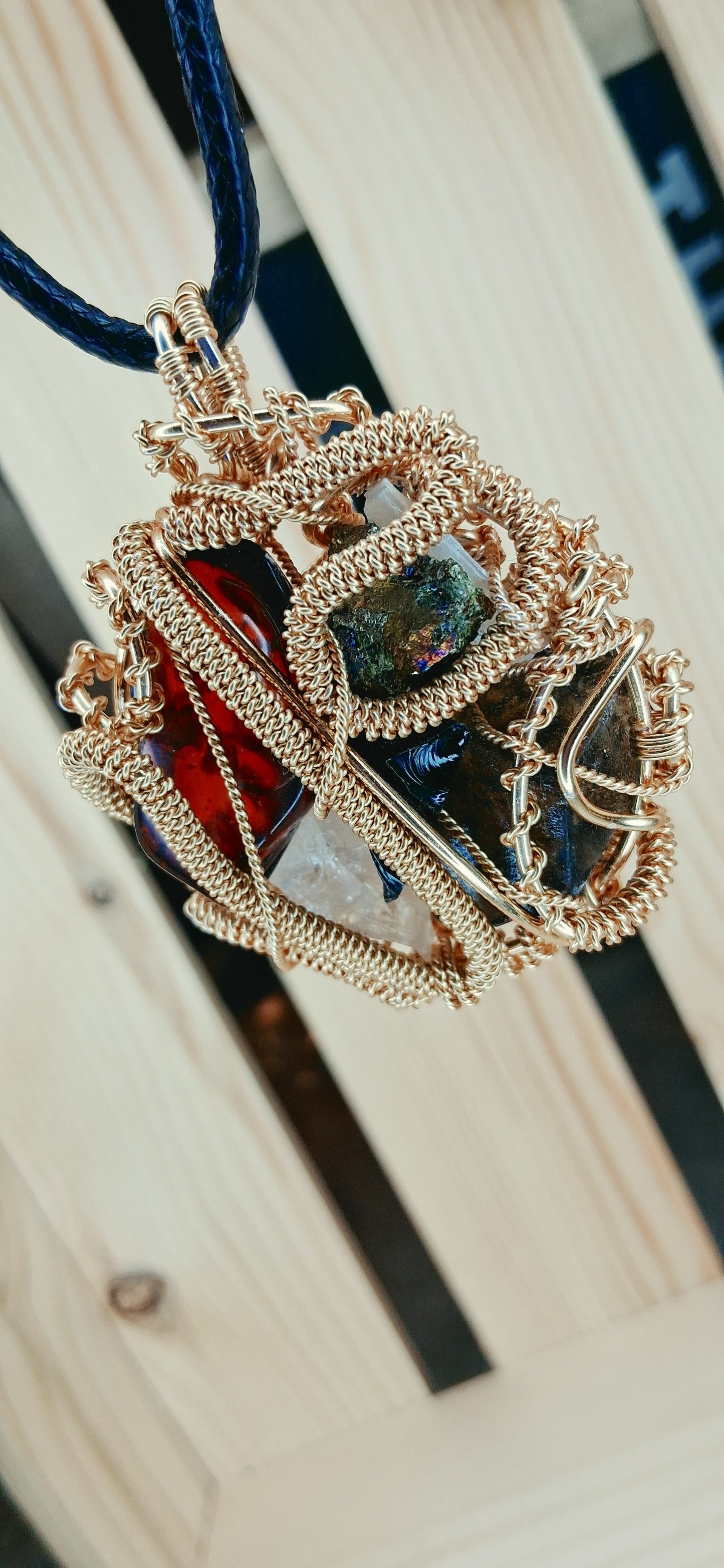 Root & Rise Pendant-Amber, Rainbow Bornite, Smoky Quartz, Obsidian,Clear Quartz, Selenite Crystal Combination