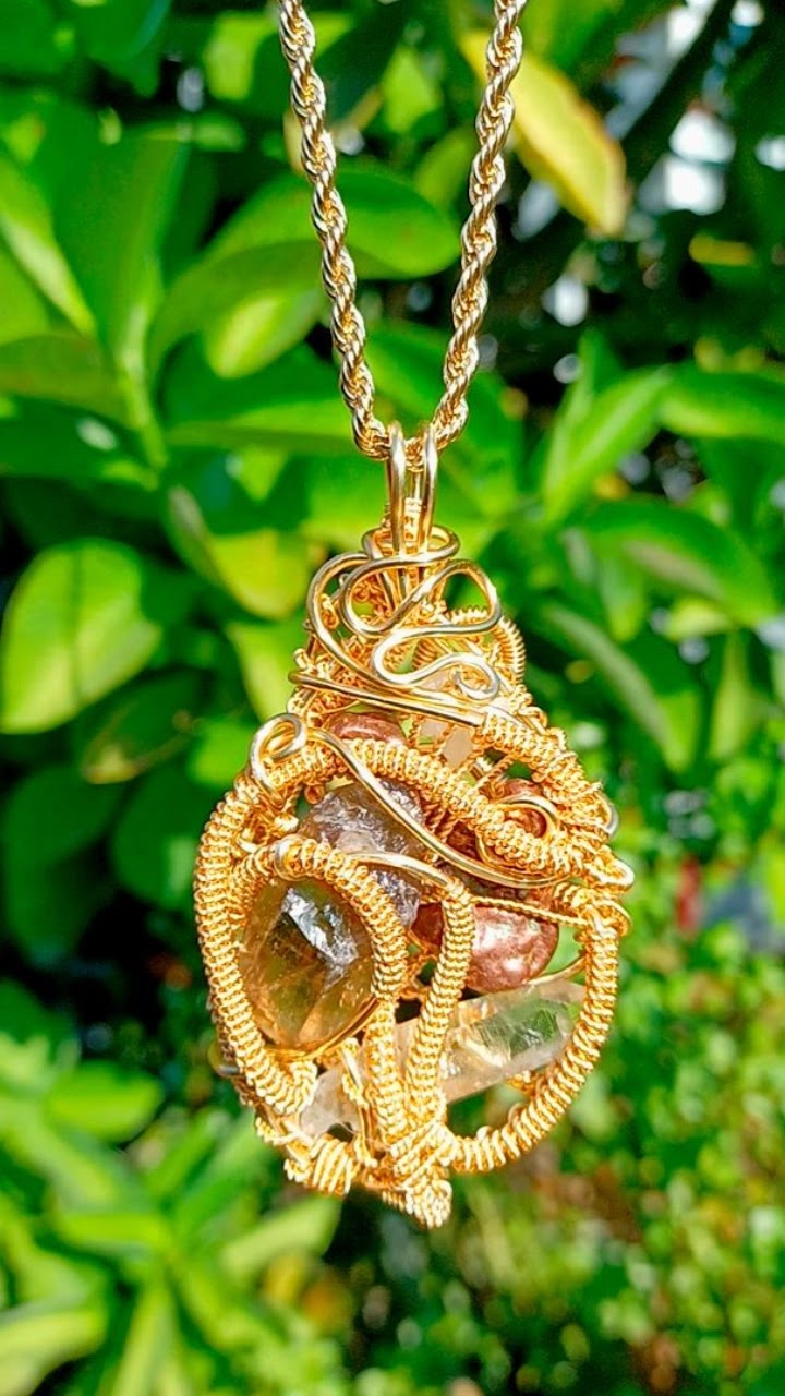 Copper Nugget, Smoky Quartz Point, Clear Quartz Combination Pendant "Flow"