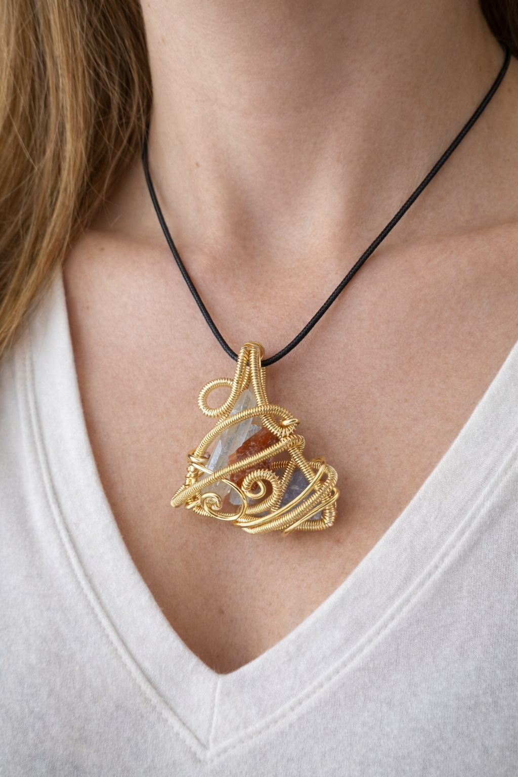 Sacred Element Triangle Pendant- Garnet, Quartz, Selenite,  Tanzanite