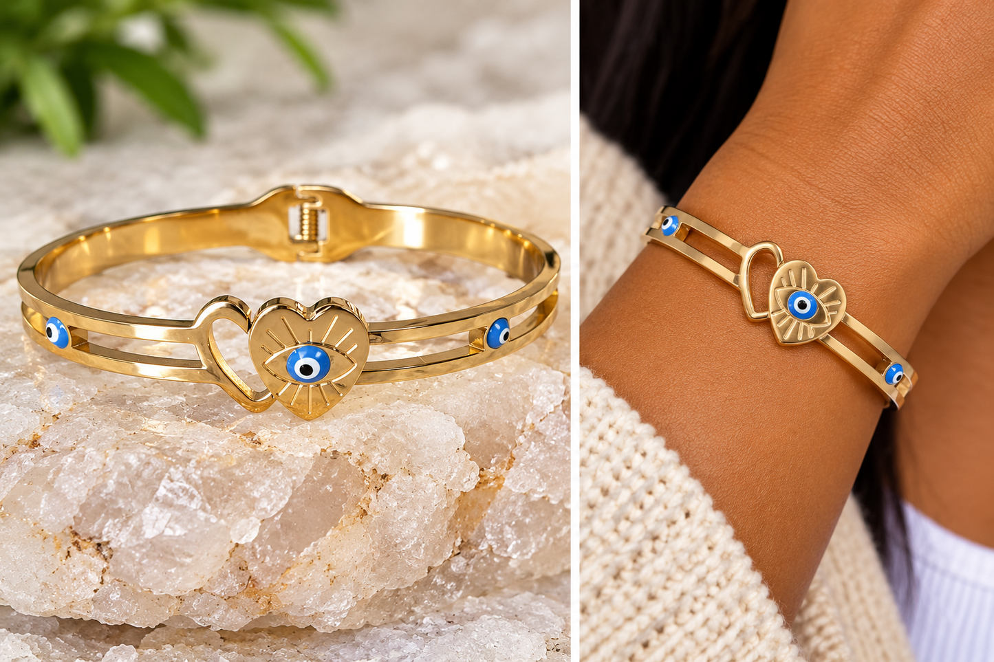 ✨ Evil Eye Heart Bracelet — Silver Tone & Gold Tone